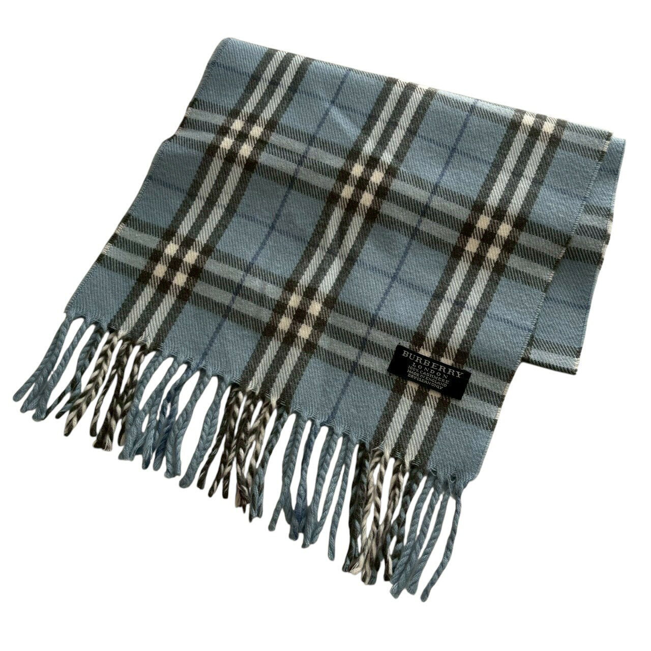［中古］BURBERRY バーバリー カシミヤ マフラー ノバチェック ライトブルー グレー ホワイト チェック柄 フリンジ カシミア メンズ レディース ユニセックス ストール 防寒 秋冬 人気 定番 ブランド小物
