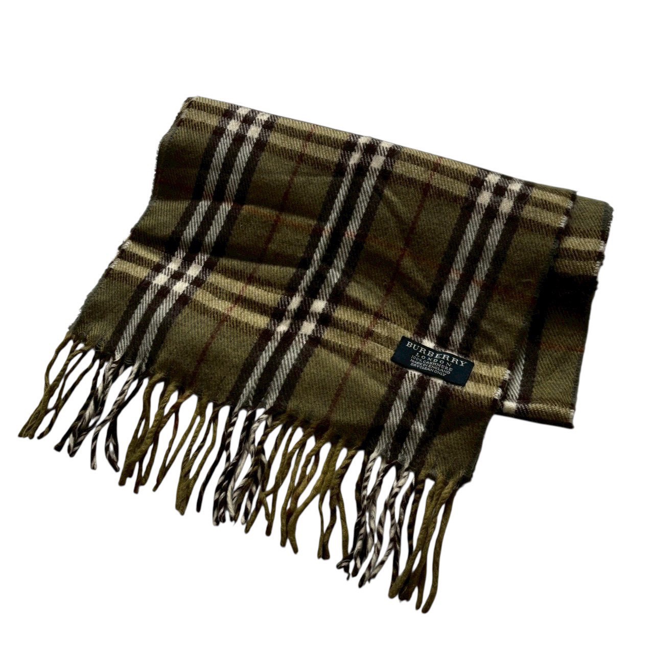 ［中古］BURBERRY LONDON バーバリーロンドン カシミヤ100% チェック柄 マフラー グリーン ブラウン ホワイト フリンジ ノバチェック ストール メンズ レディース ユニセックス 防寒 秋冬 英国定番