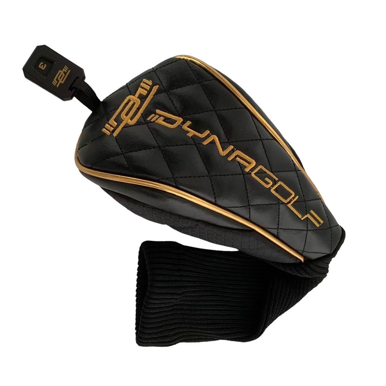［中古］DYNAGOLF ダイナゴルフ ヘッドカバー ブラック ゴールド PUレザー ゴルフ スポーツ 小物 傷防止 カバー アイテム 用品 黒 金 刺繍 ロゴ 番手 タグ 3番 フェアウェイウッド FW