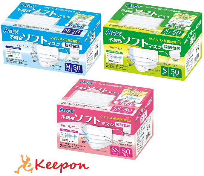 不織布ソフトマスク(個包装)SS S Mサイズ 50枚入マスク ウイルス 花粉 不織布 使い捨て 飛沫 マスク 大..