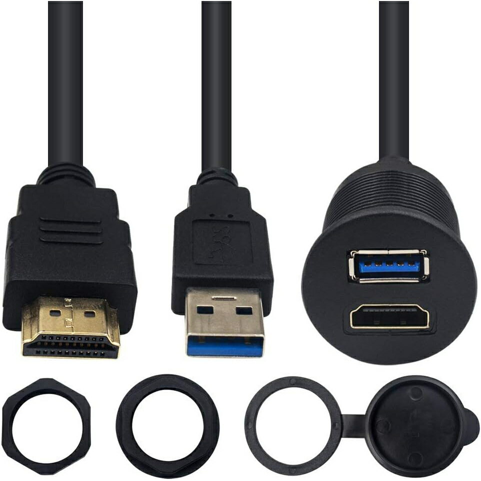 hdmi usb 変換HDMI&USB3.0 延長パネル防水ケーブル車用 USB 3.0 & HDMIオス tメス延長マウント ダッシュマウント フラッシュマウント パネルマウントケーブル 車 ボート オートバイ 2m/6.6フィ…