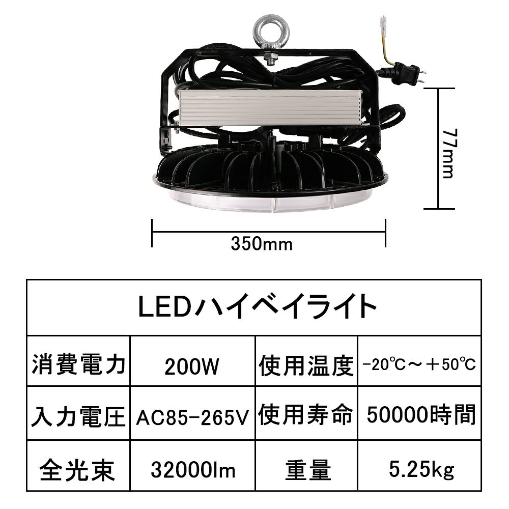 48個セット LED 高天井灯 丸型LED投光器 円盤型 LEDハイベイランプ MEANWELL電源付 UFO型 2000Wのバラストレス水銀灯相当 200w IP65防水防塵 32000lm 吊下げ led投光器 夜間作業 工場照明 工事用照明 倉庫照明 施設照明 屋内屋外兼用 5M防水ACプラグ付き