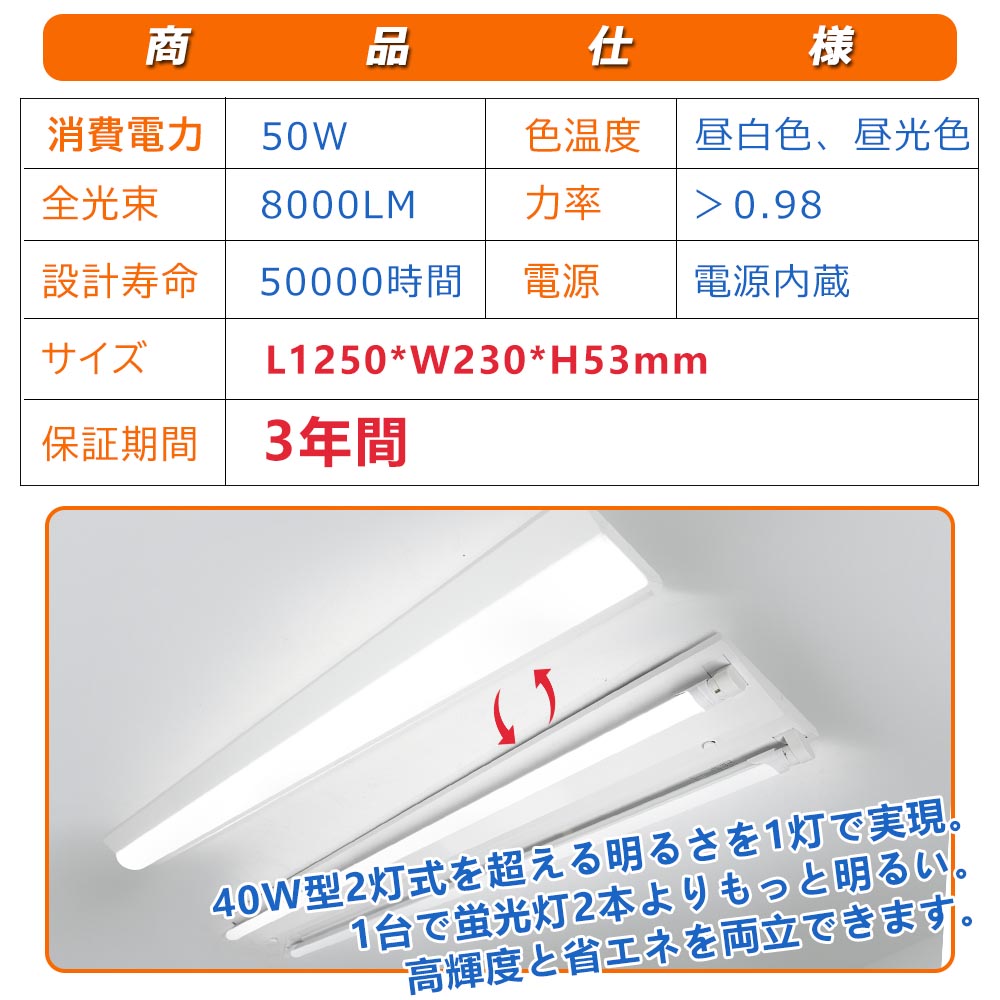 三年保証 20台 ledベースライト 器具一体型 天井直付け 逆富士型 led蛍光灯 40W形 一体型LEDベースライト シーリング 天井照明 キッチン 照明 led 蛍光灯 40w 直管蛍光灯 天井用 LED照明器具 ベース照明 ベースライト 40W 2灯相当 電源内蔵型 幅23cm 消費電力50W 送料無料