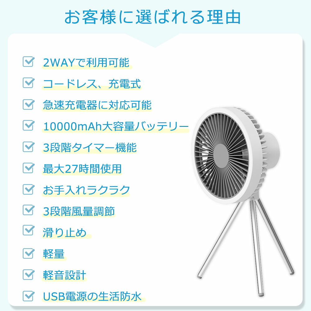 2023新モデル 携帯扇風機 キャンプファン アウトドア用 小型 扇風機 DCモーター 充電式 モバイルファン 10000mAh シーリングファン コードレス ledライト 壁掛け 風力調整 3段階 タイマー機能 三脚スタンド ポータブルトリポッドファン 野営 登山 車中泊 USB 省エネ 軽量