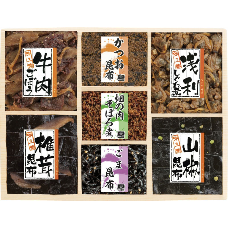 商品詳細 セット内容：椎茸昆布・山椒昆布（各60g）・牛肉ごぼう・浅利しぐれ煮（各50g）・かつお昆布・畑の肉そぼろ煮・ごま昆布（各30g）×各1賞味期限：常温140日 様々なギフトシーンにご利用ください 内祝 内祝い お祝い返し お返し ...