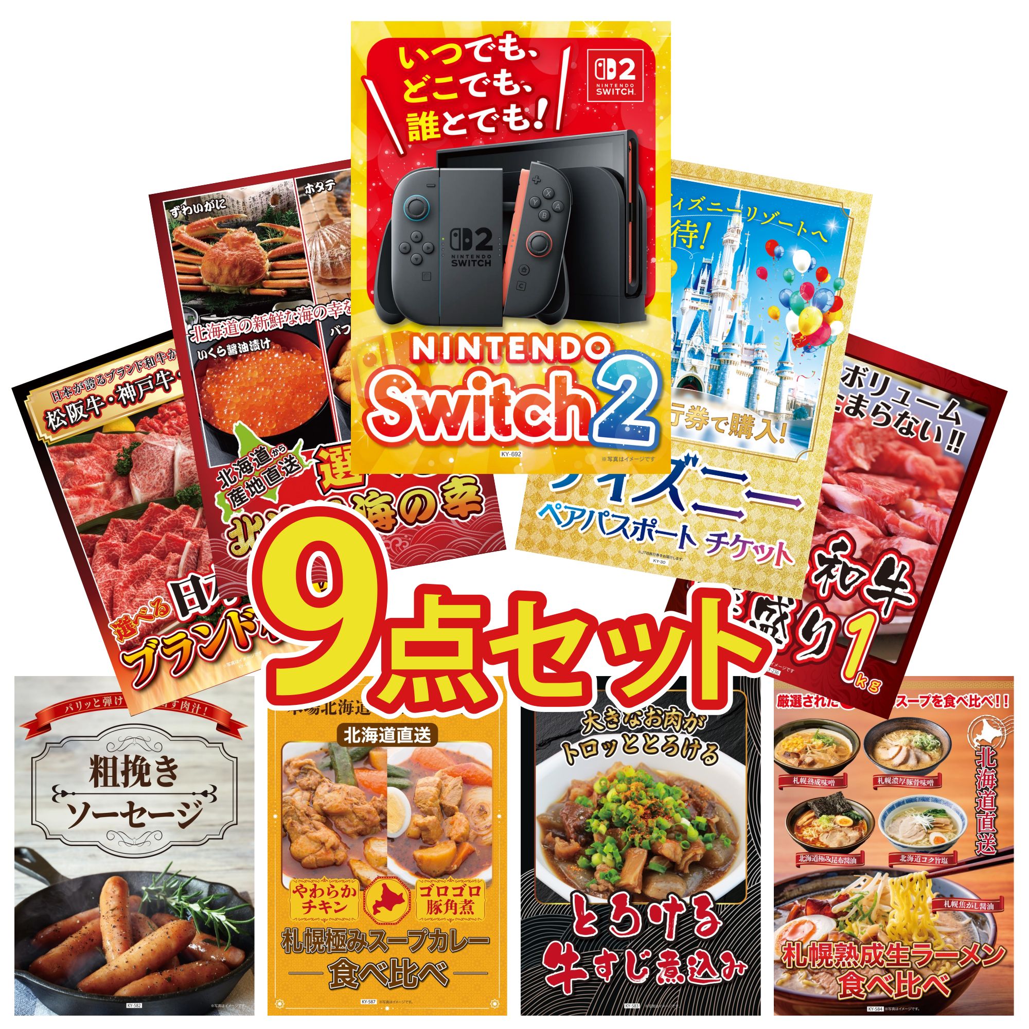 【ポイント15倍＆抽選で300%バック※要エントリー】 景品 パネル 目録 9点セット Nintendo SWITCH 2 A3パネル ディズニー ペア チケット 選べる 北海道 海の幸 黒毛和牛 1kg 選べる 三大ブランド 和牛 ビンゴ 結婚式 二次会 会社イベント ゴルフコンペ 忘年会