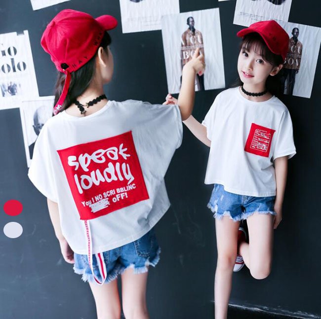 Print - 送料無料 夏服 夏 キッズ Tシャツ ゆったり 子供服 女の子 ガールズ ロゴ プリント 半袖T シャツ ティーシャツ ジュニア ダンス 韓国子供服 綿100% 110cm 120cm 130cm 140cm 150cm 160cm