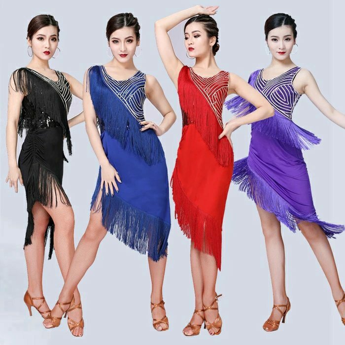 乐天商城 - 送料無料 ラテン ダンス衣装 レデイース 社交 ダンス衣装 女性 大人 ワンピース スパンコール DANCE 練習着 フリンジ モダンダンス ダンスウェア 演出 コスプレ イベント服 舞台衣装 文化祭 学園祭 レッド ブラック ブルー パープル M L LL