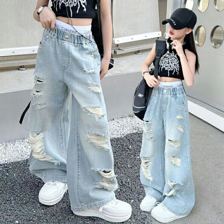 乐天商城 - デニムパンツ 女の子 子供服 長ズボン ダメージ加工 デニムパンツ ジーンズ ボトムス キッズ おしゃれ ブルー ダメージ デニム ロングパンツ 子ども服 110 120 130 140 150 160 170cm 旅行 普段着