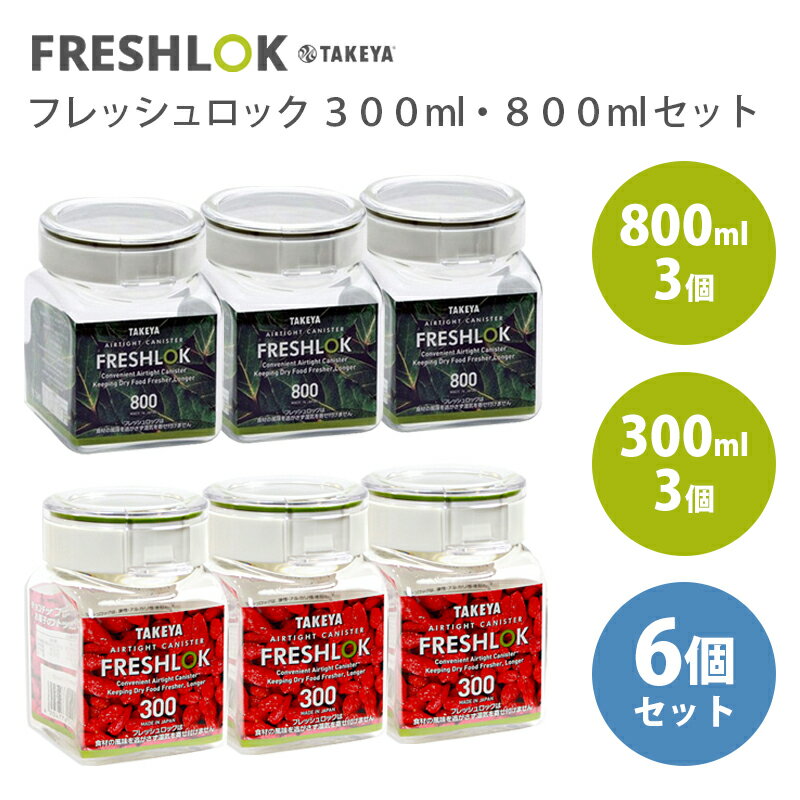 【セット商品】タケヤ化学工業 フレッシュロック 角型 300ml 3個 800ml 3個セット グリーンパッキン 保存容器 シール容器 キッチン収納 TAKEYA