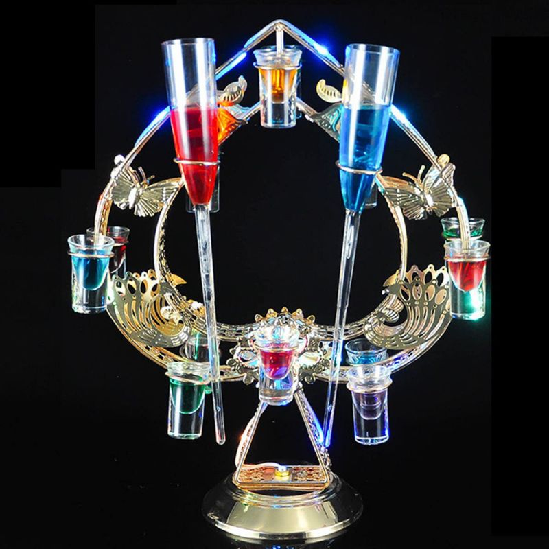 テキーラ観覧車 LED 酒ボトルの表示棚 ワインラッ 酒グラス収納ラック,グラスホルダー 酒カップホルダー 酒グラススタンド カクテルグラスホルダー USB充電式 KTV ナイトクラブ、居酒屋、誕生会など、雰囲気作り 、忘年会 新年会 （ワイングラスは含まれません）