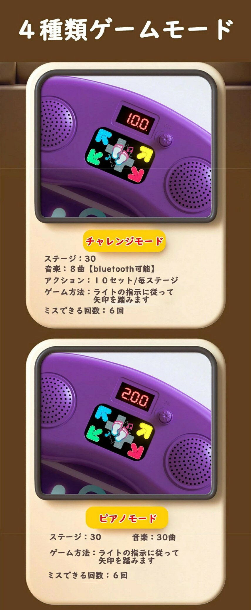 【アップグレードされた4つの光る矢】ダンスカーペットの表面の矢模様も光ります。これは伝統的なダンスマットではありません。光のダンススポットに続いて、4 つの点滅する矢印をステップ、スキップ、ジャンプします。 【4つのモード】内蔵音楽のビートに合わせて踊る、4つのモードでさまざまなレベルのインタラクティブゲームを体験できます。ランダムなダンスステップにより、お子様は最も楽しい方法で身体の調整を行うことができます。 【滑り止め素材】子供用ダンスマットの底部は滑り止めストライプで設計されており、お手入れが簡単です。裏面の模様は滑りにくいように設計されており、お子様が安全に踊ったりジャンプしたりできます。 【インタラクティブなダンス体験】子供たちにインタラクティブで没入型のダンス体験を提供します。コードレス設計、LED ライト、内蔵音楽により、子供たちがビートに合わせて踊ったり体を動かしたりして、何時間ものエンターテイメントと楽しみを提供します。 【ユニークなダンスギフト】お子様に最も楽しい方法で運動させましょう。女の子への完璧なクリスマス、バレンタインデー、誕生日プレゼントをお探しなら、この女の子向けダンサーギフトをお見逃しなく。 ▼ ※fこちらの対応と商品について何かご不満がありましたら、「レビュー」を付ける前に一度ショップとご連絡してお願いいたします、ショップの誠意を持って最後まで対応させていただきます。 ※商品には多少の個体差がございます。予めご了承uくださいませ。 ※発送途中で箱が潰れる可能性があります。ご理解お願いします。 ※PC環境・光の具合により、色や素材のイメージが写真と若干異なる場合がございます。 ※mモデル・写真に使用されているアクセサリー・小物は別途記載が無い限り付属いたしません。 ※商品のお色はお客様のPC環境によって多少色合い、見え方など違ってまいりますのでご了承下さいますようお願いします。 ※写真の色調はご使用のモニターの機種や設定により実際の商品と異なる場合があります。 ※商品のサイズは、全て平置きにて外寸を測定しております。 ※商品によっては±1cm～3cmの誤差が発生してしまう場合がございます。予めご理解いただきますようお願い致します。 ※該当商品は他店と在庫共有です。タイミングにより、在庫ズレが生じる場合がございます。予めご了承ください。 ※iパッケージは改良のため予告なく仕様を変更する場合があります、ご理解いただきますようお願い致します。