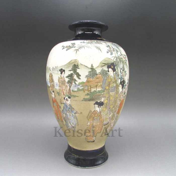 薩摩焼 金襴手瑠璃地芸者文花瓶