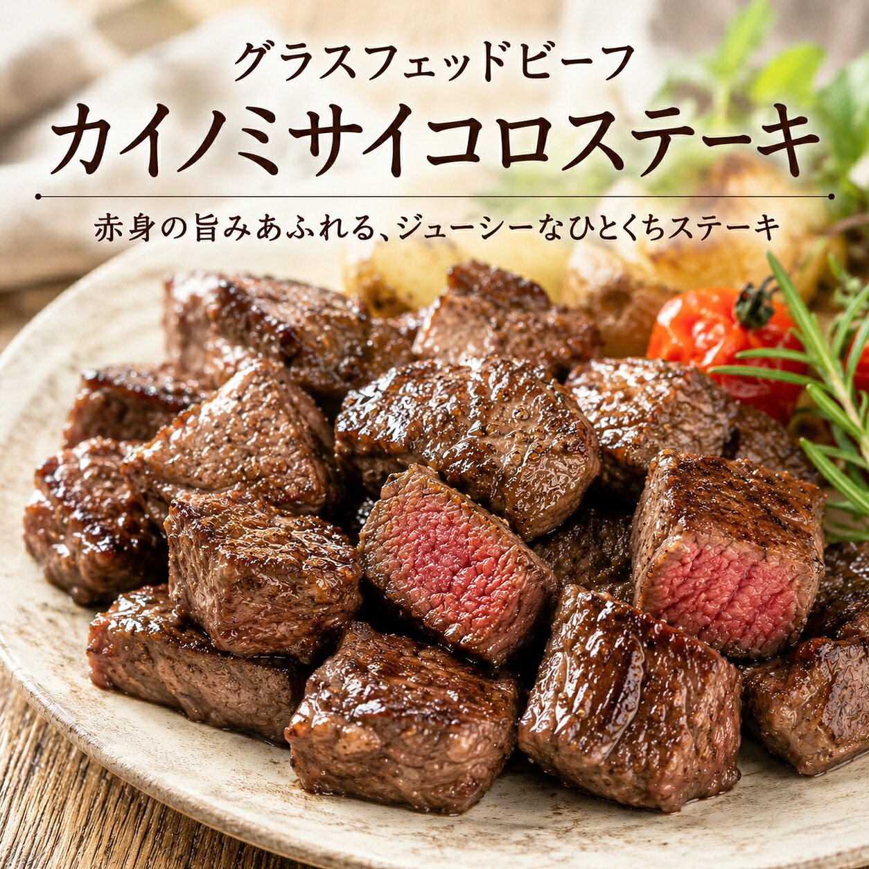 【送料無料】グラスフェッドビーフ カイノミサイコロステーキ 250g 牧草牛 赤身の旨み凝縮 ヘルシー オーストラリア産 ニュージーランド産 希少部位 食べやすい一口ステーキ keishin-meat-10000769 肉の慶神 パッケージ画像