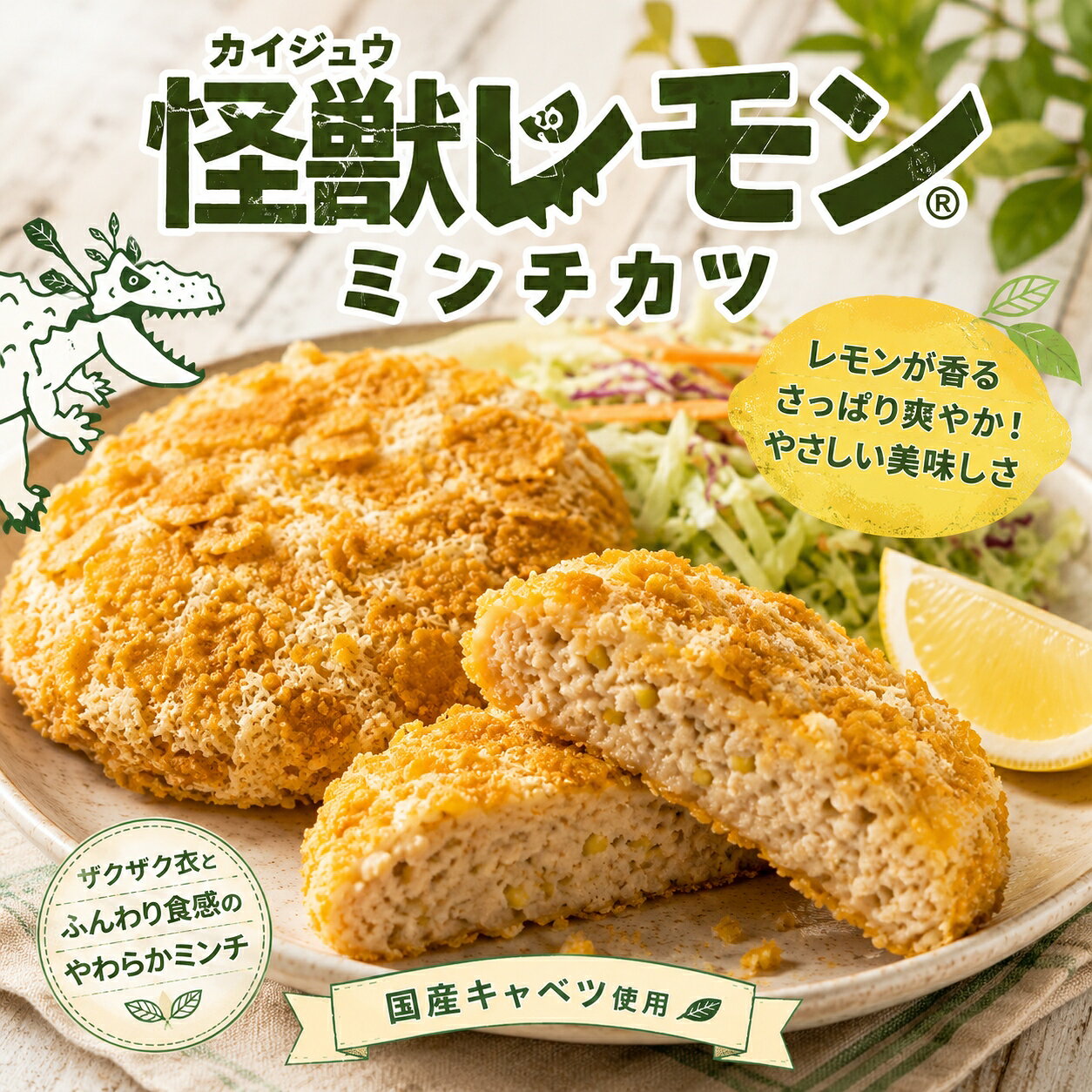 商品情報名称怪獣レモンミンチカツ原材料名キャベツ（国産）、鶏肉、つなぎ（パン粉、卵白）、レモン加工品（レモン、砂糖）、粒状大豆たん白、レモン皮、食塩、チキン風味調味料、香辛料、しょうがペースト、衣（パン粉、シリアル（コーンフレーク）、小麦粉、コーンフラワー、デキストリン、砂糖、大豆粉、植物油脂）/加工デンプン、調味料（アミノ酸等）、増粘多糖類、乳化剤、香料、（一部に小麦・卵・乳成分・大豆・鶏肉・豚肉を含む）内容量700g（70g×10枚）賞味期限別途商品ラベルに記載保存方法-18℃以下で保存販売者株式会社MEAT PLUS　福岡県福岡市博多区那珂4-17-1備考クール(冷凍)便のお届けとなります。瀬戸内産 怪獣レモンミンチカツ 700g (10枚入) ザクザク食感のコーンフレーク衣 爽やか風味 冷凍惣菜 お弁当 おかずに 【ザクザク衣から、じゅわっ。爽やかレモン香る、新感覚ミンチカツ。】 いつもの食卓に、ザクッと新しい風を。瀬戸内海の太陽をたっぷり浴びて育った、ゴツゴツとした見た目がユニークな「怪獣レモン」を贅沢に使用した、爽やかなミンチカツをお届けします。衣にはコーンフレークを配合し、今までにないザクザクとした楽しい食感を実現。一口食べれば、国産キャベツの甘みと鶏肉のジューシーな旨みが広がり、後から追いかけるレモンの清々しい香りが、揚げ物なのにさっぱりとした後味を演出します。ソースをかけなくても、そのままで十分に美味しく召し上がれます。冷凍庫にストックしておけば、忙しい日の夕食や、お弁当のおかずに大活躍。凍ったまま揚げるだけで、いつでも専門店のような揚げたてアツアツが楽しめます。ご家族みんなが笑顔になる、新しい食卓の主役をぜひお試しください。【おススメポイント】・【爽やかなレモンの風味】瀬戸内育ちの希少な「怪獣レモン」を使用。まろやかな酸味と豊かな香りが、鶏肉の旨みを引き立て、さっぱりとした後味を実現しました。・【ザクザクの新食感】衣にコーンフレークをブレンドすることで、これまでにない軽やかで香ばしいザクザク食感に。揚げたての音が食欲をそそります。・【大容量でストックに便利】ご家庭で使いやすい70gサイズが10枚入った合計700g。夕食のメインディッシュからお弁当のおかずまで、幅広くご活用いただけます。・【揚げるだけの簡単調理】冷凍のまま170℃の油で揚げるだけ。忙しい日でも手軽に本格的な一品が完成し、毎日の食卓を力強くサポートします。【FAQ】1. 「怪獣レモン」とは何ですか？瀬戸内地方で栽培されている、見た目がゴツゴツとしていることから名付けられた希少な国産レモンです。一般的なレモンに比べて酸味がまろやかで香りが高く、果汁も豊富なのが特徴です。その爽やかな風味がミンチカツの美味しさを一層引き立てます。2. おすすめの食べ方はありますか？まずは何もつけずに、レモンの風味とザクザクの衣をそのままお楽しみください。さっぱりとお召し上がりたい場合は、お塩や大根おろしポン酢がよく合います。また、パンに挟んでカツサンドにするのもおすすめです。【商品情報】商品名: 怪獣レモンミンチカツ商品規格: 700g（70g×10枚）原材料: キャベツ（国産）、鶏肉、つなぎ（パン粉、卵白）、レモン加工品（レモン、砂糖）、粒状大豆たん白、レモン皮、食塩、チキン風味調味料、香辛料、しょうがペースト、衣（パン粉、シリアル（コーンフレーク）、小麦粉、コーンフラワー、デキストリン、砂糖、大豆粉、植物油脂）/加工デンプン、調味料（アミノ酸等）、増粘多糖類、乳化剤、香料、（一部に小麦・卵・乳成分・大豆・鶏肉・豚肉を含む）原産国: 日本製造地: 日本賞味期限: 発送日より3ヶ月 5