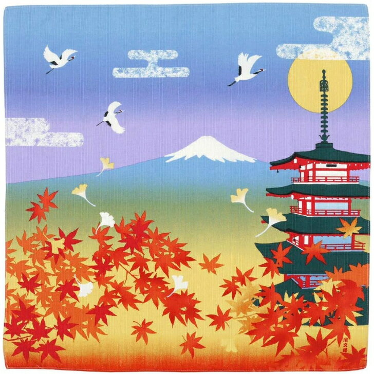 濱文様 小布 紅葉 五重塔 富士山 ブルー 約50cm×50cm 日本製 01250