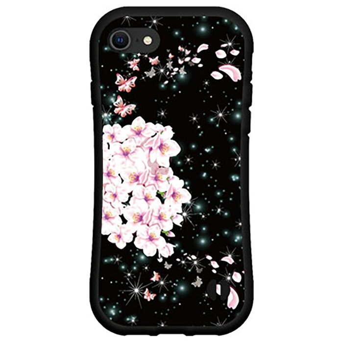 3D保護ガラスフィルム付 iPhone 8アイフォン エイトdocomo au SoftBank落としても割れにくい驚きの衝撃吸収力豊富なオリジナルデザイン耐衝撃 ハイブリッドケース夜桜と蝶