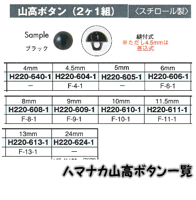 ハマナカあみぐるみEYE＆パーツ山高ボタン（2ケ1組）ブラック4mm、4.5mm、5mm、6mm、8mm、9mm、10mm、11.5mm、13mm【編みぐるみアイとパーツ/ぬいぐるみ用目玉/あみぐるみ用目玉/hamanaka/ボタンタイプ縫いつけ式】