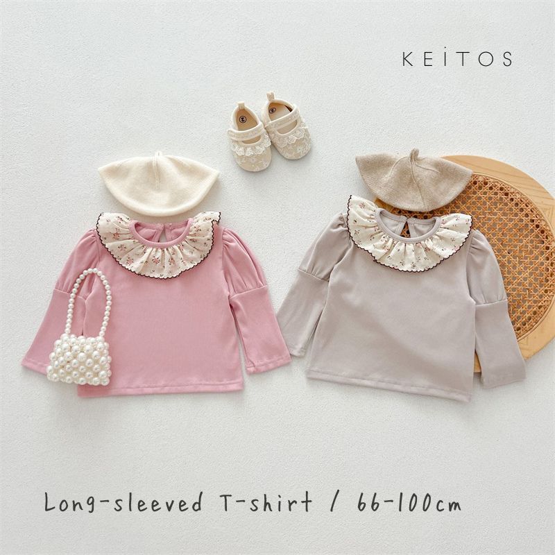 花柄ラッフル襟長袖トップスロンTカ...