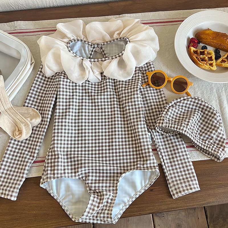 Other - キッズ 帽子付き フリル襟 チェック柄 長袖 水着 ワンピース 女の子 ベビー服 子供服 90cm/100cm/110cm/120cm/130cm/140cm【予約商品】【納期2－3週間程度】