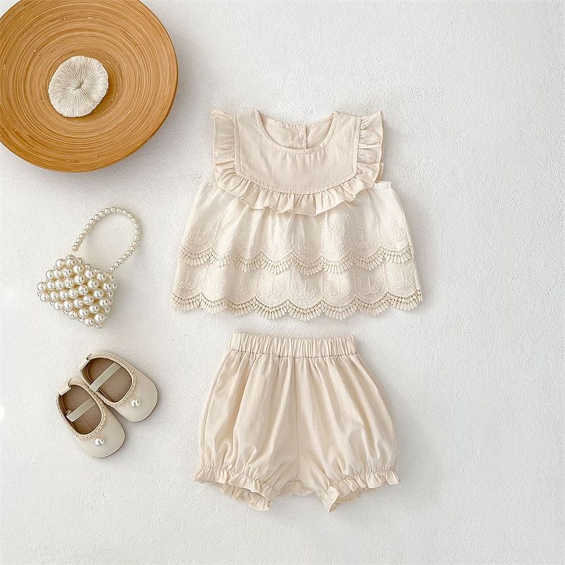 フリル レース ノースリーブトップス＆ショートパンツ セットアップ カジュアル ベビー服 子供服73cm/8..