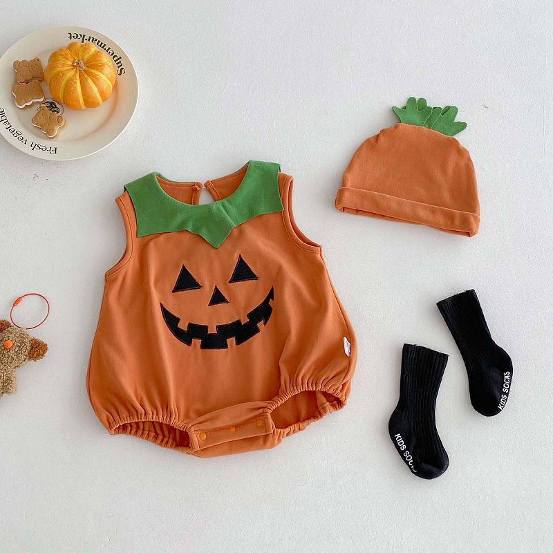 Rakuten - ハロウィン 帽子付き かぼちゃ ノースリーブ ベビー ロンパース 子供服 ベビー服 Halloween 66cm/73cm/80cm/90cm【予約商品】【納期7～14日程度】