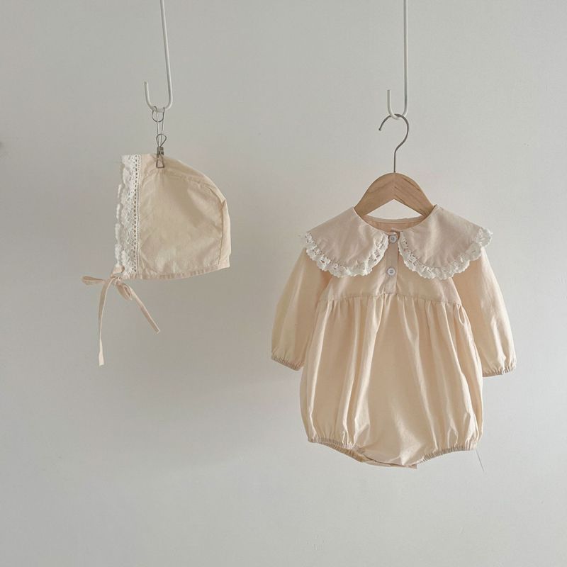 帽子付き 長袖 レース ロンパース 花柄 無地 カジュアル ベビー服 子供服 66cm/73c...