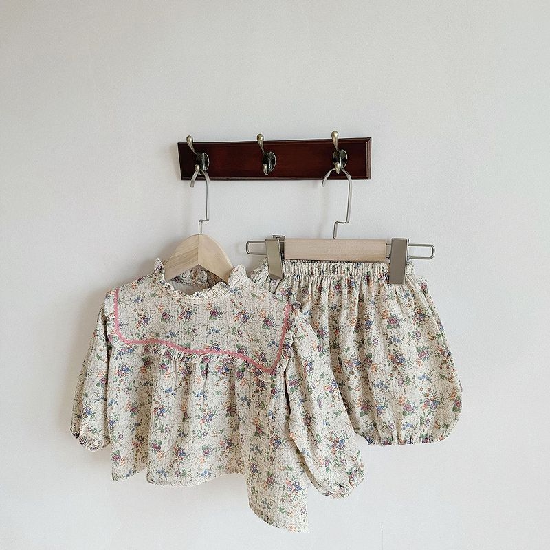 花柄 立ち襟 長袖ブラウス＆パンツ セットアップ カジュアル ベビー服 子供服 66cm/73cm/80cm/90cm【予約商品】【納期2週間程度】