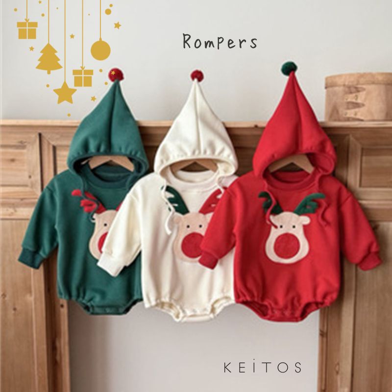 Rakuten - クリスマス 帽子付き トナカイ ベビーロンパース 子供服 ベビー服 Christmas 66cm/73cm/80cm/90cm【予約商品】【納期7～14日程度】