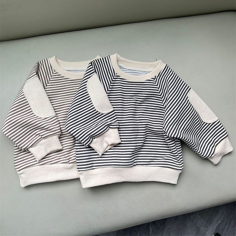肘パッチ 長袖 ボーダー トップス パーカー ゆったり トレーナー スウェット Tシャ...