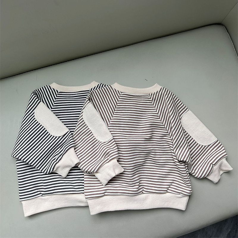 肘パッチ 長袖 ボーダー トップス パーカー ゆったり トレーナー スウェット Tシャ...