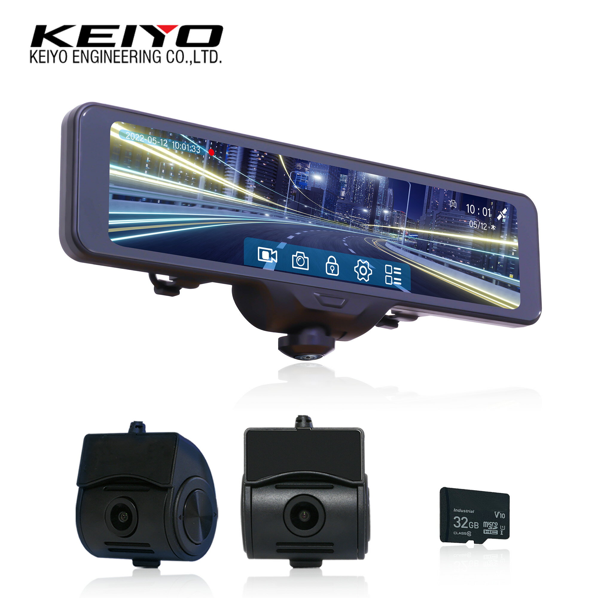 KEIYO ドライブレコーダー ミラー型 360°全方位 3カメラ 前後分離式 車内 左右 車体側面まで録画 10.66インチ タッチパネル スタービス 衝撃検知 駐車監視システム搭載 バンド固定式 シガー/常時電源 SDカード32G付 AN-R106Pro