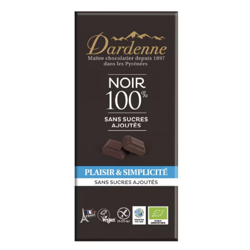 ★ 商品名有機チョコレート ダーク100% 内容量70g 商品説明1897年創業、フランスのダーデン社製造 フェアトレードのカカオ豆を使用、酸味が少なく苦みもまろやかです。 力強いカカオそのものの味を楽しみたい方へ。 カカオ含有率：100% フェアトレードカカオ豆 乳化剤不使用 おすすめ 原材料有機カカオマス、有機ココアバター 栄養成分1枚70g当たり/ エネルギー 457.1kcal たんぱく質 7.7g 脂質 42.0g 炭水化物 4.41g 食塩相当量 0.126g 保存方法・注意事項26℃以下の 冷暗所で保存。開封後はお早めにお召し上がりください　　 賞味期限商品パッケージに記載 輸入者株式会社アルマテラ 原産国フランス 広告文責奈良恵友堂有限会社　連絡先：0743‐53‐1893
