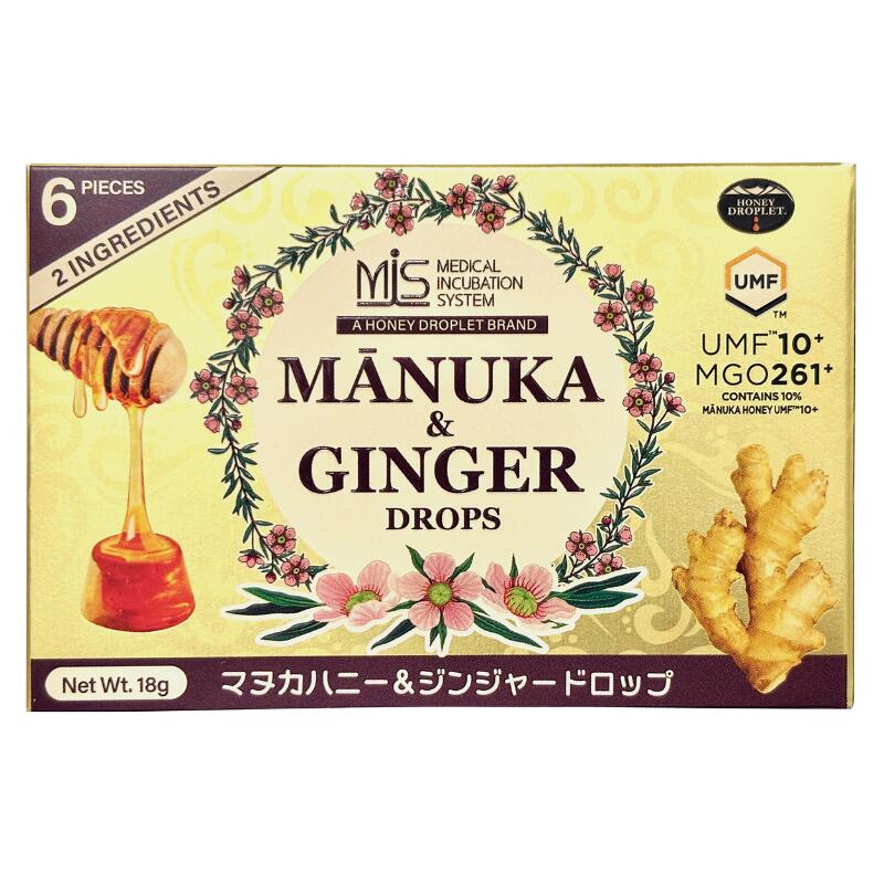 ★ 商品名ハマヌカハニー＆ジンジャードロップ 内容量18g(6粒) 商品説明マヌカはちみつに高知産生姜汁を加えたキャンディ　マヌカ特有の深みのある味わいと生姜の風味 ■マヌカはちみつ(UMF10+/MG261+)使用 ■ひとくちサイズ ■特許製法により砂糖などの糖類を一切加えずに固形化 ■滑らかな口当たり ■抗生物質不使用 ■砂糖不使用 原材料マヌカはちみつ(ニュージーランド)、生姜汁[生姜(高知県)] 栄養成分6粒(18g)当たり／エネルギー 71kcal／たんぱく質 0.02g／脂質 0.04g／炭水化物 17.77g／食塩相当量 0.005g 保存方法・注意事項直射日光を避け涼しい所に保存してください。開封後はお早めにお召し上がりください。噛んだり飲み込んでしまう恐れのある乳幼児や高齢者には絶対に食べないでください。※一歳未満の乳児には与えないでください。 賞味期限商品パッケージに記載 販売者株式会社若翔 輸入元株式会社ハニージャパン 広告文責奈良恵友堂有限会社 連絡先：0743‐53‐1893