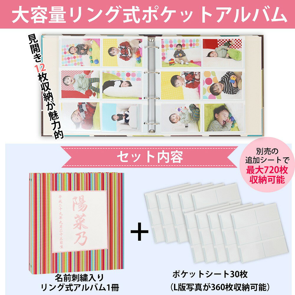 赤ちゃん　ベビー　アルバム【漢字 名入れ 赤系ストライプ　中シート白色】お名前　刺繍　ポケットアルバム 360枚（シート追加で最大720枚収納）名前　誕生日が表紙に刺繍で入る出産祝いにぴったり