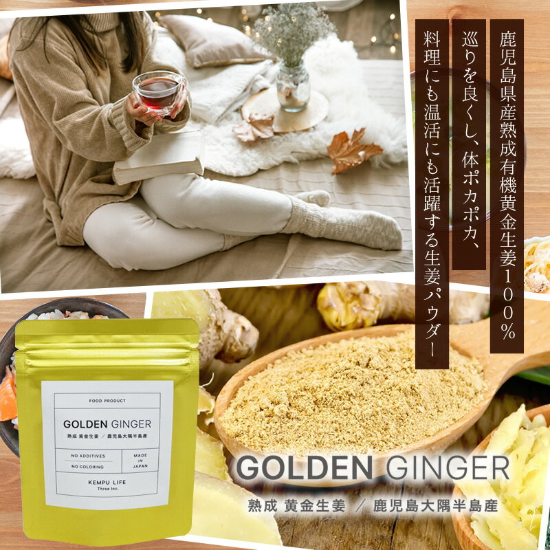 GOLDEN GINGER［黄金生姜パウダー］30g　3袋セット／KEMPU LIFE［健富ライフ］ 熟成黄金生姜 熟成生姜 有機生姜 生姜粉末 オーガニック 無農薬 鹿児島県産 国産 温活 冷え 料理 ファスティング ドリンク ダイエット