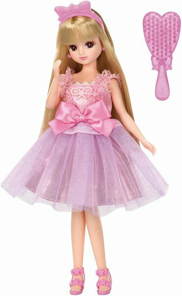 はじめての人形遊びが楽しめる入門セット!!リカちゃんデビューの方に向けた、ドールセットです。 リカちゃん人形遊びのスターターセット。ブラシ、カチューシャ付きで、おしゃれ基本遊びが楽しめます。ピンク＆パープルの素敵なドレスデザイン♪お買い求めやすいドールセットです。 【セット内容】人形（ドレス、イヤリング、下着着用）(1),ブラシ(1),カチューシャ(1),クツ(1),