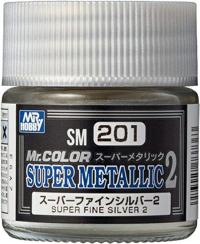 GSIクレオス 「Mr.スーパーメタリック2 スーパーファインシルバー2 10ml」 模型用塗料です。 Mr.スーパーメタリックシリーズは、高級微細金属粒子を使用し、優れた金属感を表現することができるメタリック塗料です。 ベースの原料は、Mr.カラーのものと同じですので希釈および洗浄にはMr.カラーうすめ液、Mr.ラピッドうすめ液、Mr.レべリングうすめ液をご使用ください。 エアブラシ塗装の場合は、塗料1：うすめ液1〜2の割合で塗料を薄めて下さい。 微細な金属粒子は、すぐに底に溜まってしまうため、希釈したのち、塗装中にも適宜攪拌することでムラなく仕上げることができます。 容量：10ml