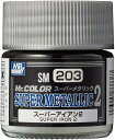 GSIクレオス 「Mr.スーパーメタリック2 スーパーアイアン2 10ml」 模型用塗料です。 Mr.スーパーメタリックシリーズは、高級微細金属粒子を使用し、優れた金属感を表現することができるメタリック塗料です。 ベースの原料は、Mr.カラーのものと同じですので希釈および洗浄にはMr.カラーうすめ液、Mr.ラピッドうすめ液、Mr.レべリングうすめ液をご使用ください。 エアブラシ塗装の場合は、塗料1：うすめ液1〜2の割合で塗料を薄めて下さい。 微細な金属粒子は、すぐに底に溜まってしまうため、希釈したのち、塗装中にも適宜攪拌することでムラなく仕上げることができます。 容量：10ml