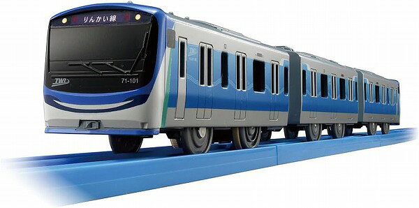 2025年10月に営業運転が開始されたりんかい線71−000形がプラレールに登場です。 前面は70−000形の丸みのある面影を残しつつ、親しみを感じさせる微笑みのデザインになっています。 側面カラーは東京湾の水辺をイメージしたエメラルドブルーのグラデーションとスカイブルーの配色です。 ■「りんかい線71−000形」がモデル ■3両編成でそれぞれ連結・切り離し可能 ■1スピードで電動走行、スイッチOFFで手転がし遊び可能 ■プラ列車カード付 ※レールは付属しません。 【セット内容】車両本体(1),プラ列車カード(1),部品注文書(1),n20260911w