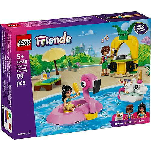 レゴ®フレンズ ユニコーンとフラミンゴのプールパーティ（42658）は、カラフルなフロートが浮かぶプールを想像しながらごっこ遊びを楽しめる組み立てセットです。組み立てるフロートが2つ、そのほかプールアイテムや、ミニドールフィギュア2体、ネコのどうぶつフィギュアが付属します。（対象年齢：5才以上） レオ、リアン、ネコのチュロスがフラミンゴとユニコーンのフロートに乗って、パーティを楽しむ物語を創作して遊べます。【宅配便のみ】