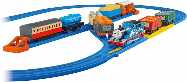プラレールトーマスとたくさんの貨車・客車、レールが入ったオールインワンセット！ トーマスにいろいろな貨車をつなげて遊ぼう！ すぐに遊べるオールインワンセット！ トーマスと、貨車・客車が全8種類！付属の「でこぼこレール」を走らせて、がたがたアクションを楽しもう！ ■オリジナルデザインの「きかんしゃトーマス（動力車）」付属です。 ■先頭車（動力車）と貨車・客車の連結・切り離し可能です。 ■貨車・客車は計8種類付属。 ■レールは計20本付属。 別売りのプラレールトーマスシリーズの車両を走らせたり、レールを組み合わせてレイアウトを拡張してみよう！【宅配便のみ】