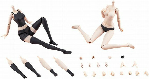 ドレスアップボディ【L】の成型色を変更したカラーバリエーションが登場! 衣装の色を白から黒へ、肌の成型色を色白のスキンカラーCへ変更しました。 色んなお洋服を着せて楽しんでね♪ 「リラックスウェア」タイプと「インナーウェア」タイプの2種類がセットになっており、 シンプルながら良く動く構造なので改造用の素体としておすすめですよ。 ▼こだわりポイント 【2種類のボディタイプ】 本製品は素体部分が2種類セットになっています。※創彩少女庭園シリーズの頭部は付属しません。 リラックスウェアはショート丈のキャミソールとショートパンツを着用している造形となっており自宅でくつろいでいるイメージで遊べる仕様です。 インナーウェアタイプは別売りのタイニークローゼット（コトブキヤ限定品）や15cm〜16cm程度のモデル用に制作されている各種ドール服を着せて遊べる仕様になっています。 ※デザイン・商品仕様によっては着せられない場合もございますので予めご了承ください。 【3種類の長さの首ジョイント】 「Aタイプ（創彩少女庭園対応）」「Bタイプ（メガミデバイス対応）」「Cタイプ（ドール服対応）」の3種類が付属。 Bタイプはメガミデバイスの頭部に対応するためAタイプより少し首が長く造形されています。 CタイプはBタイプよりさらに首が長くなっておりドール服の襟で首が埋まらないようにするために使用します。 また、首のボールジョイント径は「5mmタイプ」「6mmタイプ」の2種類が付属しており、 5mmタイプは「創彩少女庭園」「アルカナディア」「フレームアームズ・ガール」「無限邂逅メガロマリア」に対応、 6mmタイプは「メガミデバイス」に対応しています。 【首のスライドジョイント】 首のジョイントは小鳥遊 暦【水着】に採用されている前後へのスライドギミックのあるタイプを採用しており 「顎を引く」「見上げる」といった上下への可動ギミックを向上させる効果があるほか、髪の毛による可動干渉を避ける目的で使用することが可能です。 【選べるソックスのタイプ】 ソックスのタイプは「ショートソックス」「ハイソックス」「オーバーニーソックス」を選べるようになっており、膝下からまるごと交換する方式です。 ※ショートソックスタイプ・ハイソックスタイプ時に使用する太ももは素足タイプと共用です。 【本体の成型色】 胴体部分の成型色はスキンカラーCを採用しており 「YOMI【Black Canvas】」「佐伯 リツカ【水着】ヘアアレンジVer.」「虹村 映美【令法高等学校・夏服】ドリーミングスタイル ロマンティックメモリーズ」 「薬師寺 久遠【篝火 真里亞・衣装】」「薬師寺 久遠【桃桜高校・制服】」「一条 星羅【チアリーディング衣装】ドリーミングスタイル ビタミンエール」 「小悪魔ツインテールちゃん」などと組み合わせて遊ぶことが可能です。 ▼付属品 1)リラックスウェアタイプ胴体×1 2)インナーウェアタイプ胴体×1 3)ショートソックス脚パーツ×左右分 4)ハイソックス脚パーツ×左右分 5)オーバーニーソックス脚パーツ×左右分 6)素足パーツ×左右分 7)手首パーツ7種「持ち手（通常）」「持ち手（狭）」「持ち手（広）」「持ち手（丸）」「握り手」「指さし手」「平手」×各左右分 （付属する手首は1セットのため、リラックスウェアとインナーウェアタイプの両方を同じ手首パーツにはできません） 8)首ジョイントAタイプ(リラックスウェア用)×1 9)首ジョイントAタイプ(インナーウェア用)×1 10)首ジョイントBタイプ(リラックスウェア用)×1 11)首ジョイントBタイプ(インナーウェア用)×1 12)首ジョイントCタイプ(リラックスウェア用)×1 13)首ジョイントCタイプ(インナーウェア用)×1 14)首ボールジョイント5mmタイプ×2 15)首ボールジョイント6mmタイプ×2 16)オプション足首ジョイント×左右分（佐伯 リツカ【水着】ヘアアレンジVer.に付属するサンダルや足首に対応しています） 17)胸部関節用スペーサー×2【宅配便のみ】n20260625w