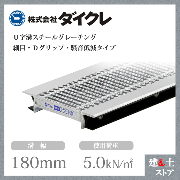 ダイクレ U字溝グレーチング 溝幅180用 細目(Dグリップ・DFゴム付) 歩道用・T-2・T-6・T-14 スチール製 D1FU25R18