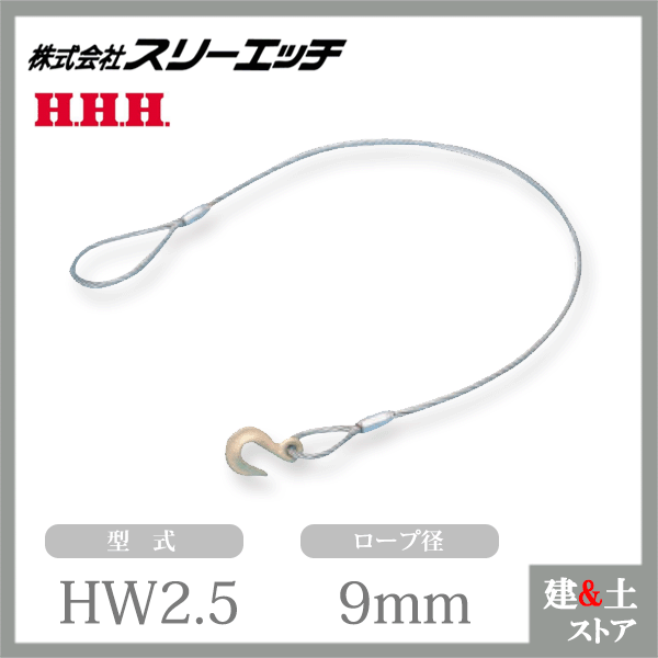 スリーエッチ フック付ワイヤー(片フック、片ワッパ、メッキワイヤー) HW2.5 ロープ径9mm 全長2.5m HHH 1