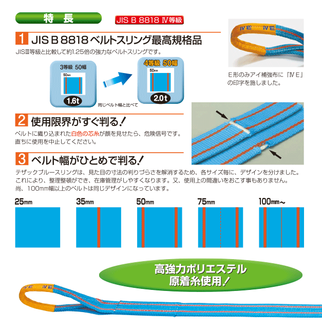 TESAC ブルースリング 250mm×2.5m(荷重10.0t) JIS4等級 両端アイタイプ ナイロンス...