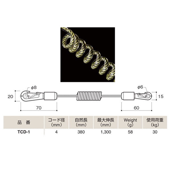 ふじわら トラコード コード径4.0mm 使用荷重30kg 自然長380mm ワイヤ芯入ウレタンコート 品番TCD-1