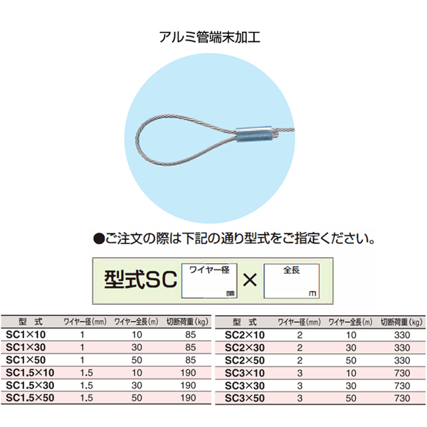 スリーエッチ ステンレスカットワイヤー（端末加工付・パック入） SC1.5×50 ワイヤ...