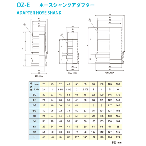 小澤物産　21/2インチ　65A　OZCレバーカップリング　ホースシャンクアダプター（オス×タケノコ）　OZ-E　アルミニウム製　カムロック