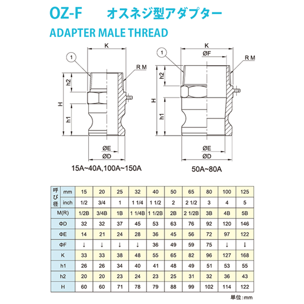 小澤物産　3/4インチ　20A　OZCレバーカップリング　オスネジ型アダプター（オス×オスネジ）　OZ-F　アルミニウム製　カムロック 2